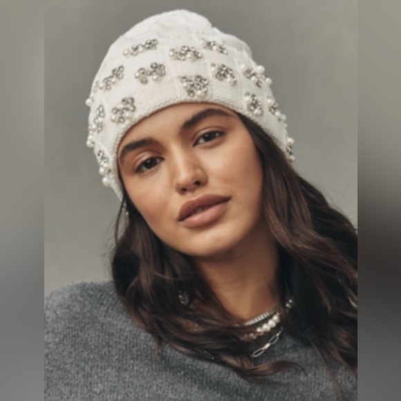 Anthropologie Maeve Crystal Checkered BeanieCreamNWT